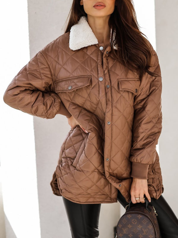 Womens Quilted Teddy Collar Snap Closure Coat Warm Winter Quilt Outwears