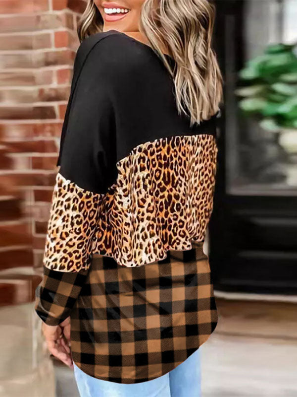 Women Loose Crewneck Leopard Sweatshirts Plaid Long Sleeve Casual Pullover Tops