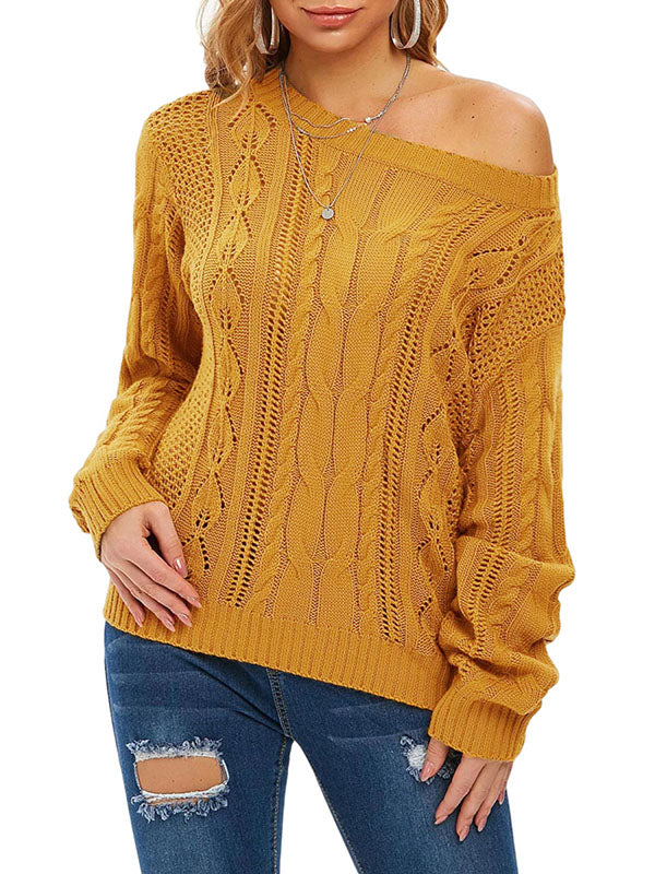Women Crochet Hollow Out Crewneck Long Sleeve Knit Sweaters Pullover Jumper Tops