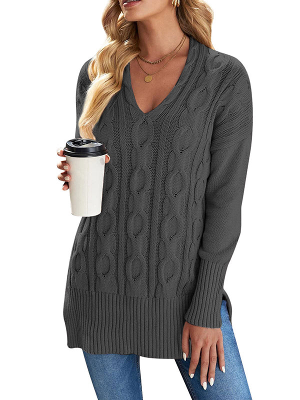 Women V Neck Long Sleeve Sweaters Loose Cable Knit Pullover Sweater