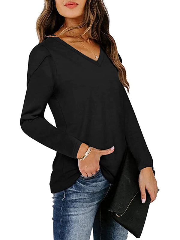 Women V Neck Petal Sleeve T Shirts Long Loose Fit Casual Pullover Tops