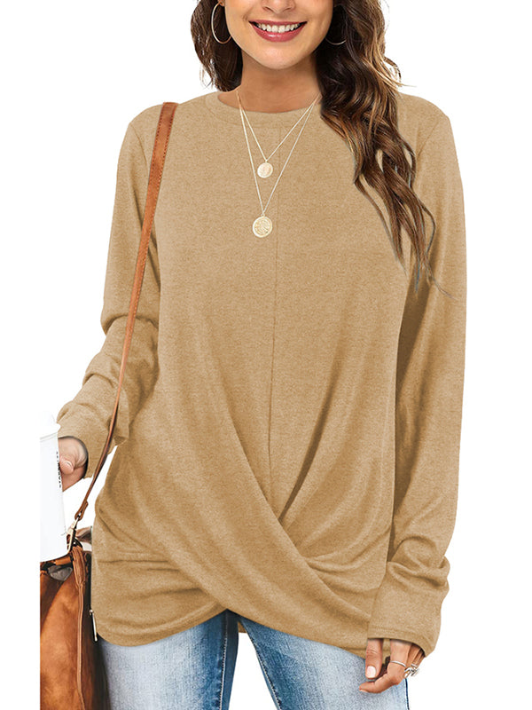 Women Long Sleeve Shirts Crewneck Pullover Solid Color Casual Tunic Tops