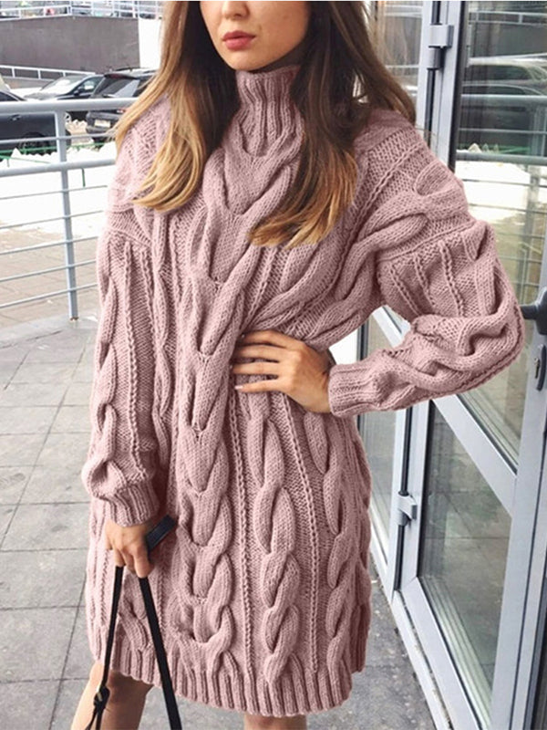 Women Turtleneck Sweater Dress Long Sleeve Chunky Cable Knit Pullover Sweater Dress