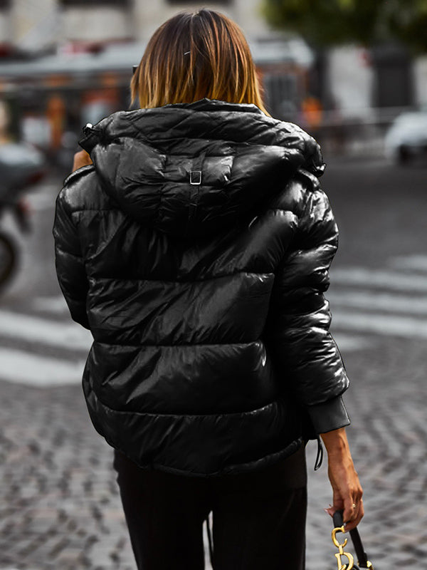 Women Winter Warm Long Sleeve Zip Up Drawstring Baggy Cropped Puffer Down Jacket Coat Outerwear