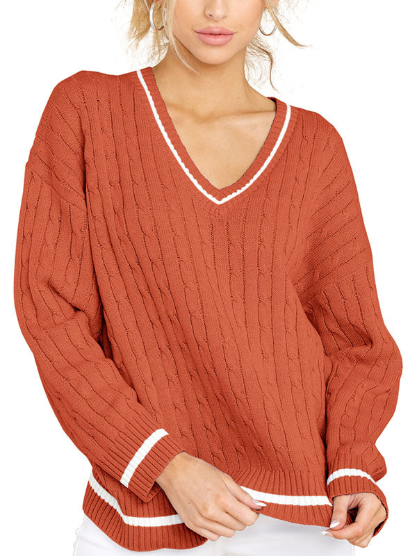 Women's V Neck Sweater Long Sleeve Oversized Cotton Knit Pullover Sweaters