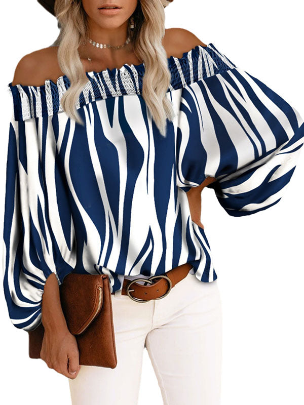 Women's Off Shoulder Tops Stripe Print Long Lantern Sleeve Casual Loose Blouse Shirts