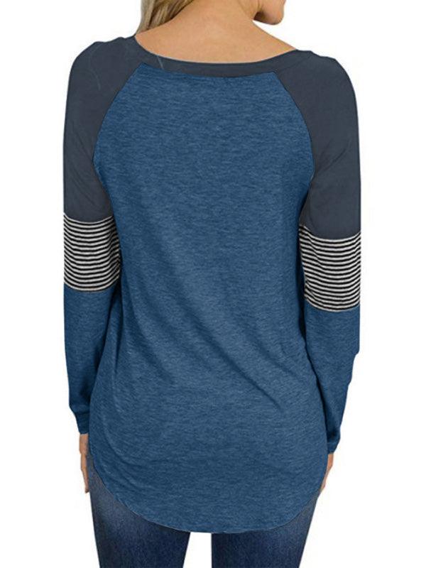 Womens Long Sleeve Crewneck Sweatshirt Stried Splicing Loose Pullover Tops