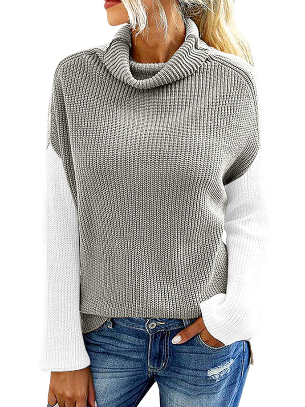 Women Turtleneck Pullover Splicing Long Sleeve Knitwear Sweaters