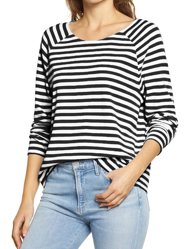 Women Striped Tee Shirt Long Sleeve Crewneck Loose Fit Pullover Tops