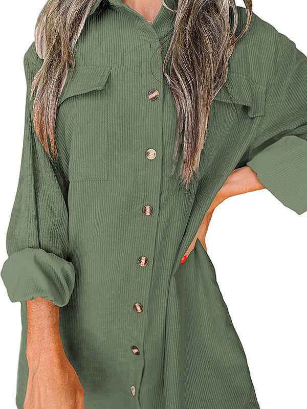 Women Solid Jacket Shirts Lapel Long Sleeve Pocket Oversized Button Down Shirt Dress