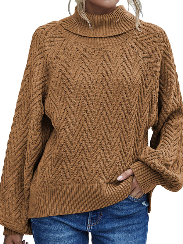 Women Long Lantern Sleeve Knit Sweater Turtleneck Loose Pullover Jumper Tops
