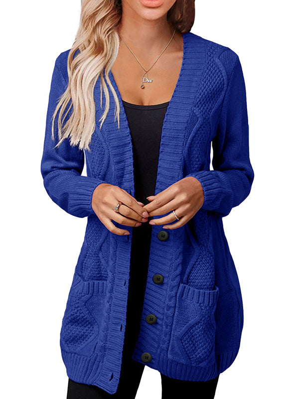 Women Long Sleeve Cable Knit Sweater Button Open Front Cardigans Coat