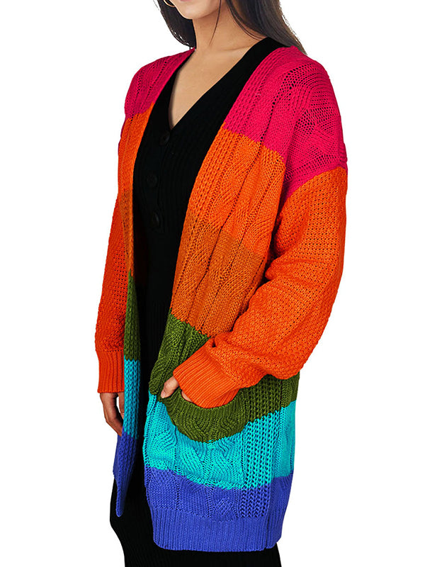 Women Long Sleeve Striped Color Block Open Front Draped Loose Knit Cardigan Sweater Coat