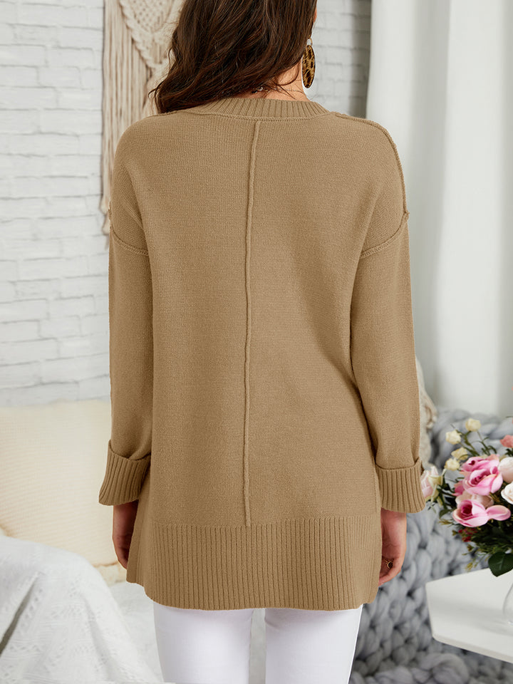 Womens Oversized Fall Sweaters Soft Knit Crew Neck Side Split Long Sleeve Slouchy Pullover Jumper