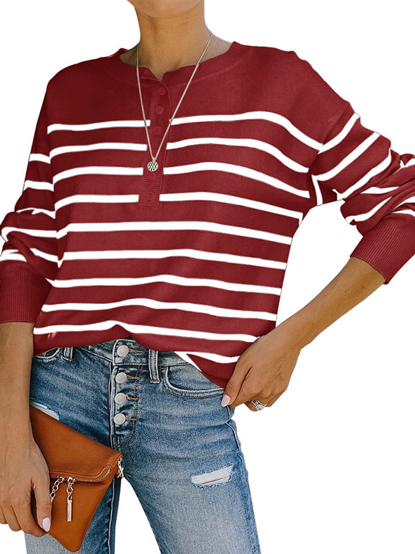 Women Striped Henley Sweaters Long Sleeve Crewneck Loose Fit Knit Pullover Tops
