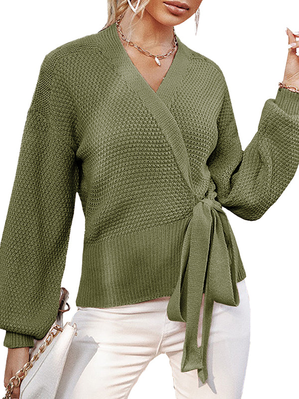 Women V Neck Wrap Sweaters Side Tie Long Sleeve Ribbed Pullover Knit Tunics Tops