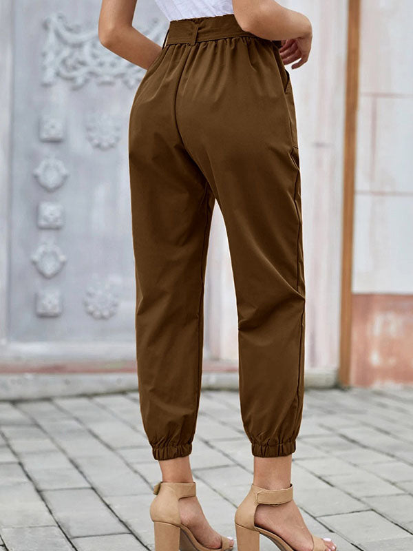 Women Casual Modern High Waisted Joggers Bow Tie Belt Patch Pockets Pants