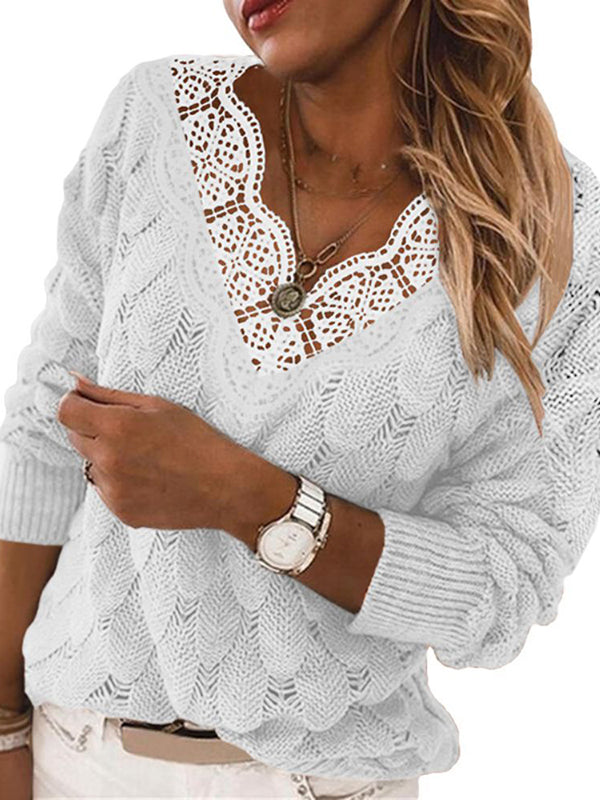 Women Lace V Neck Pullover Sweaters Lightweight Long Sleeve Knit Jumper Tops