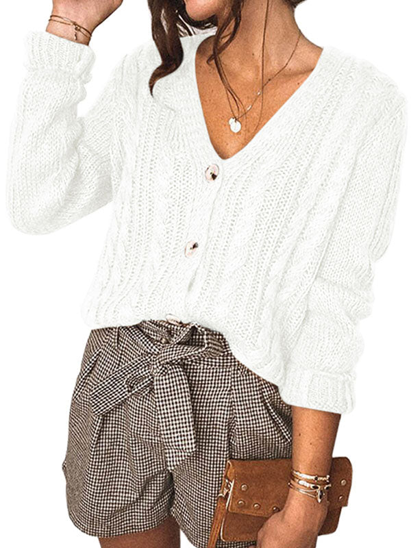 Women V Neck Ribbed Knit Button Down Sweaters Long Sleeve Pullover Tops
