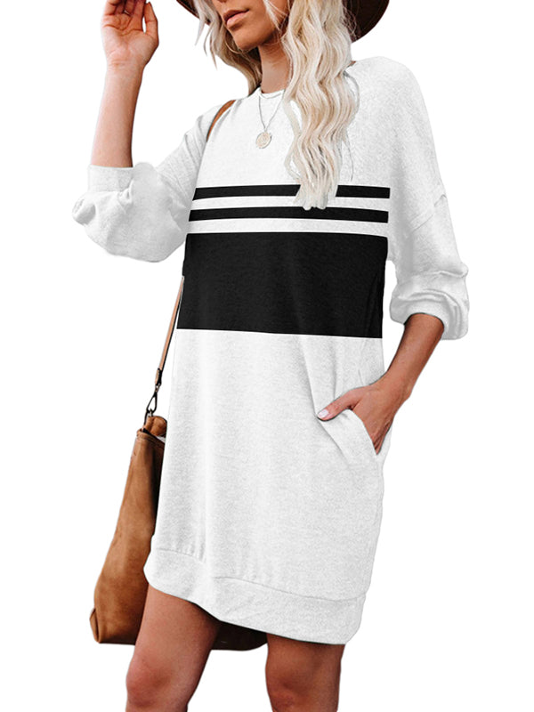 Women's Sweatshirt Dress Casual Striped Long Sleeve Dress with Pockets