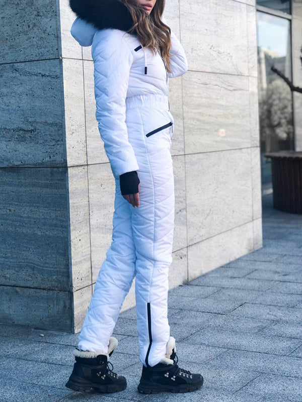 Women Onesies Ski Suits Winter Sports Jumpsuit Fur Collar Coat Hooded Snowsuit