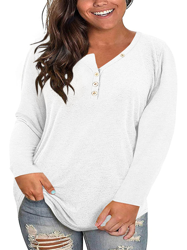 Women V Neck Long Sleeve T-Shirts Casual Button Tops Loose Comfy Warm Blouse