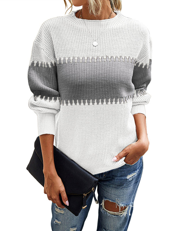 Women Crewneck Sweaters Long Sleeve Knit Splicing Pullover Sweater Tops
