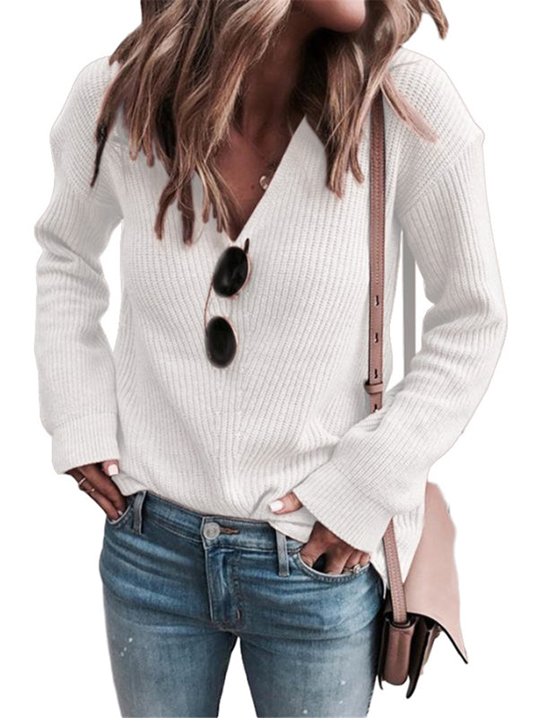 Women V Neck Basic Slim Fitted Ribbed Knit Sweater Long Sleeve Pullover Tops