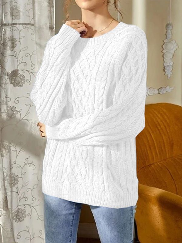Women Crewneck Sweater Casual Solid Color Cable Knit Long Sleeve Pullover Tops