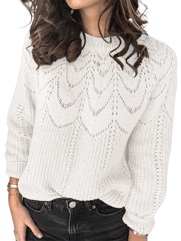 Women Crewneck Long Sleeve Hollow Out Knit Sweater Loose Pullover Jumper Tops