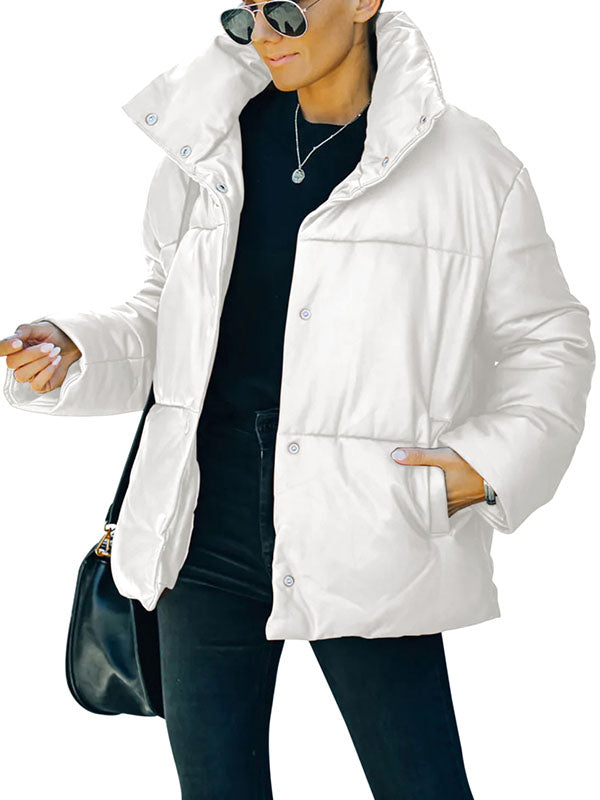 Women Winter Long Sleeve Zipper Puffer Jacket Classic Button Down Coats