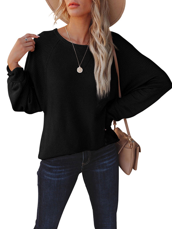 Women Waffle Knit Loose Off Shoulder Long Sleeve Sweater Pullover Tops