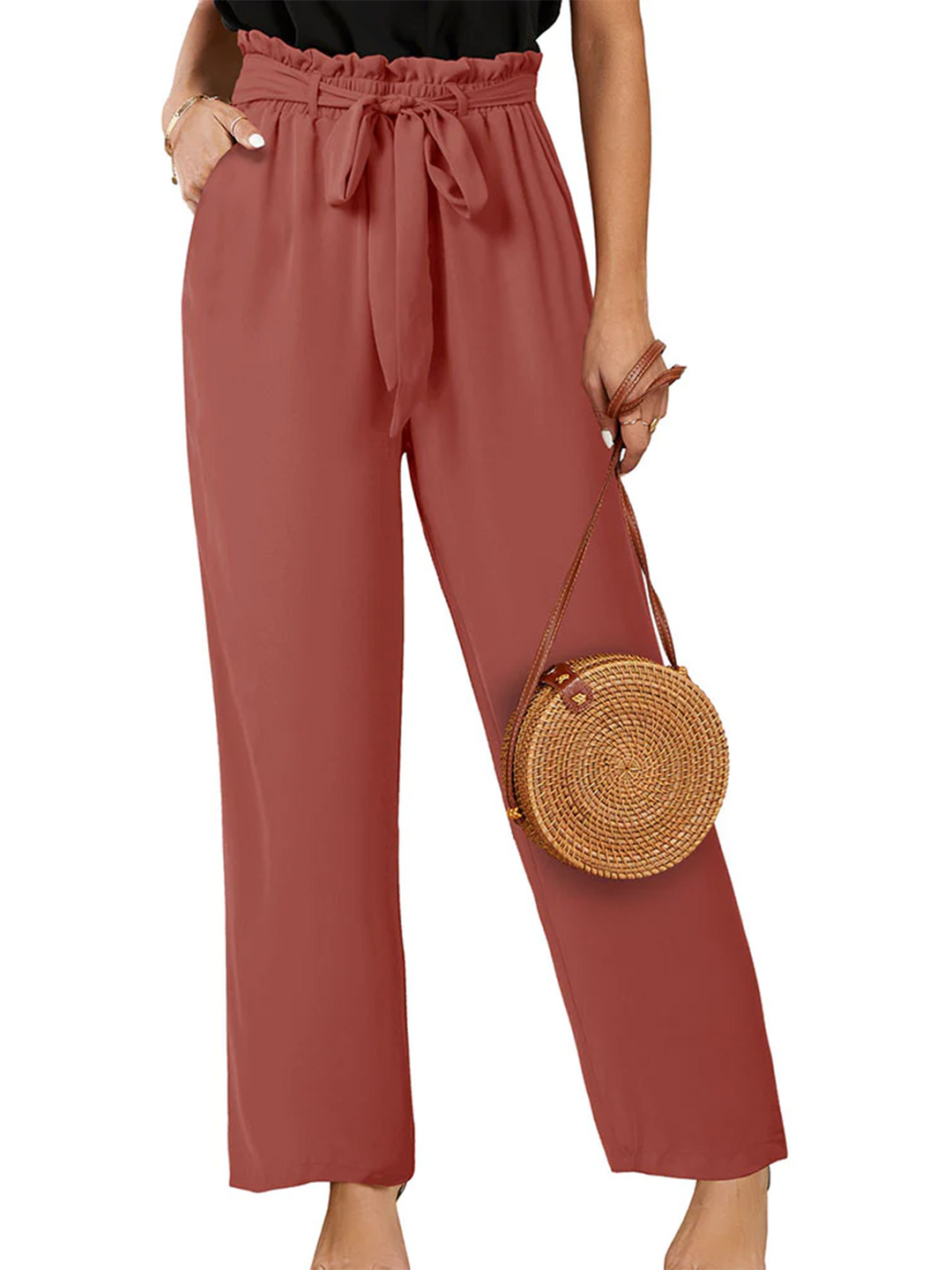 Women's High Waisted Palazzo Pants Belted Wide Leg Long Trousers