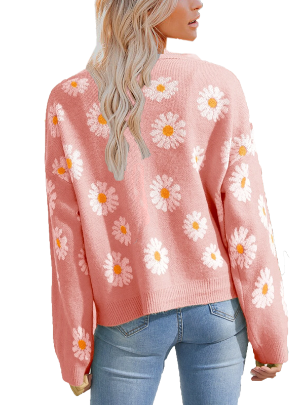 Womens Floral Print Cardigans Soft Long Sleeve Button Knit Outerwear Sweaters