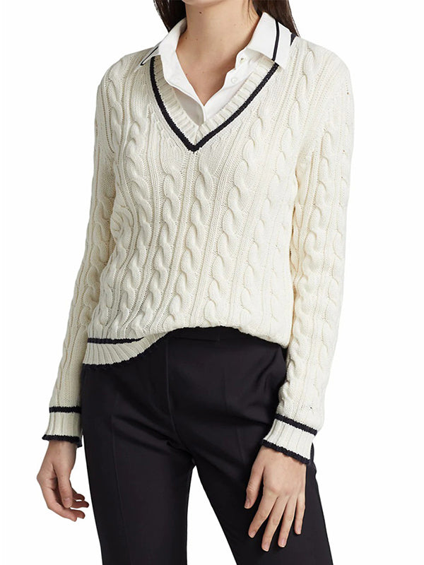 Women V Neck Sweater Long Sleeve Cable Knit Pullover Jumper Tops
