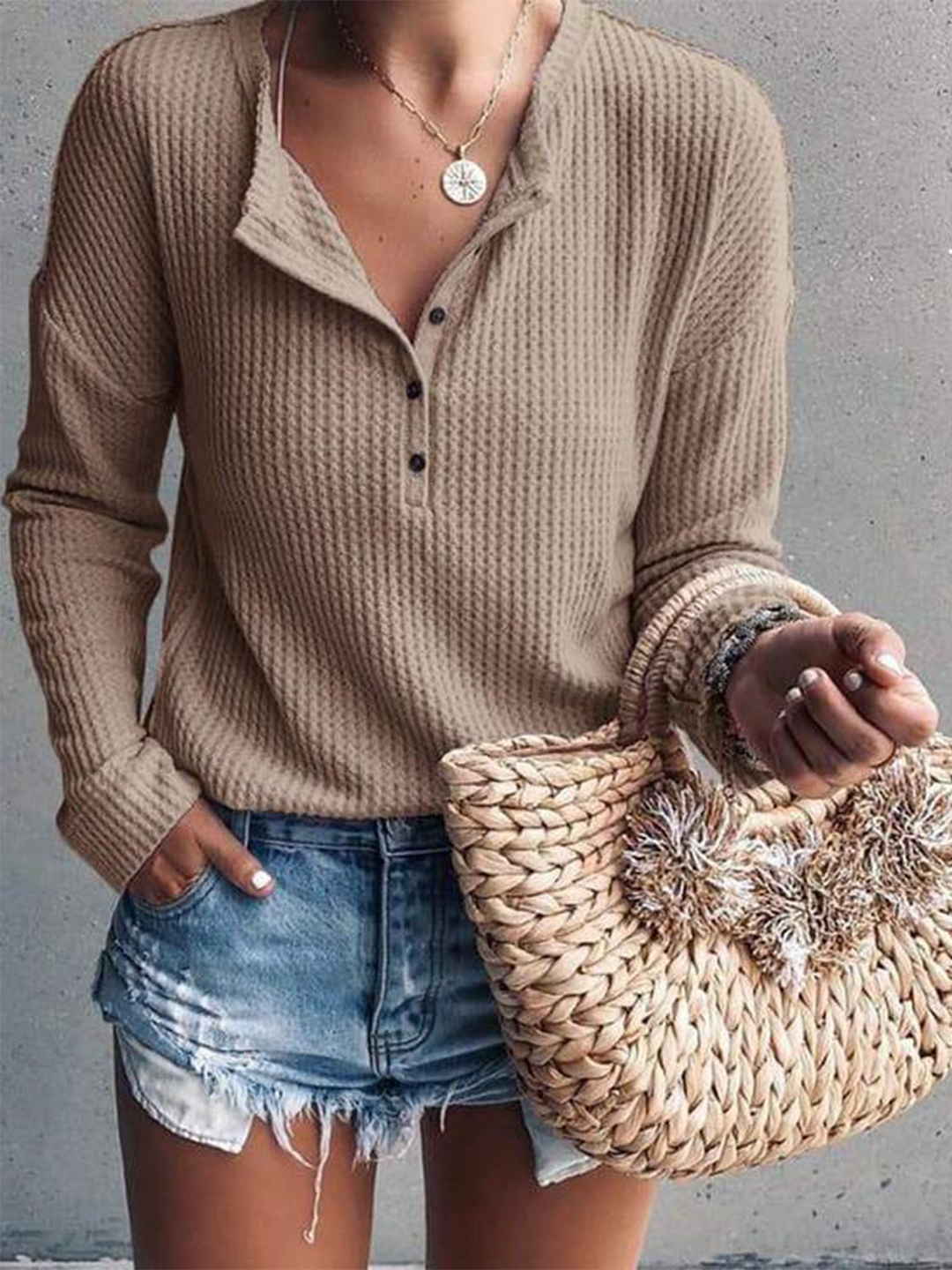 Women Waffle Knit Tunic Tops Long Sleeve Button Pullover Shirts Tee