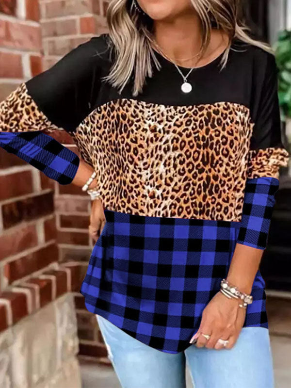 Women Loose Crewneck Leopard Sweatshirts Plaid Long Sleeve Casual Pullover Tops