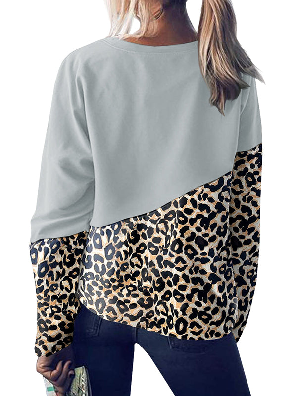 Womens Casual Long Sleeve Crewneck Sweatshirt Leopard Splicing Loose Pullover Tops