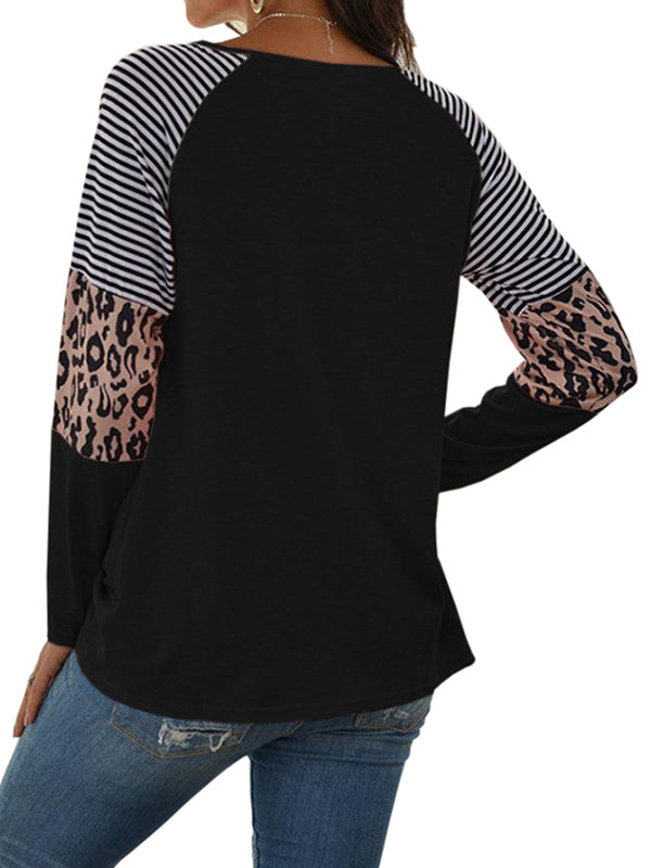 Womens Long Sleeve Crewneck Sweatshirt Leopard Splicing Loose Pullover Tops
