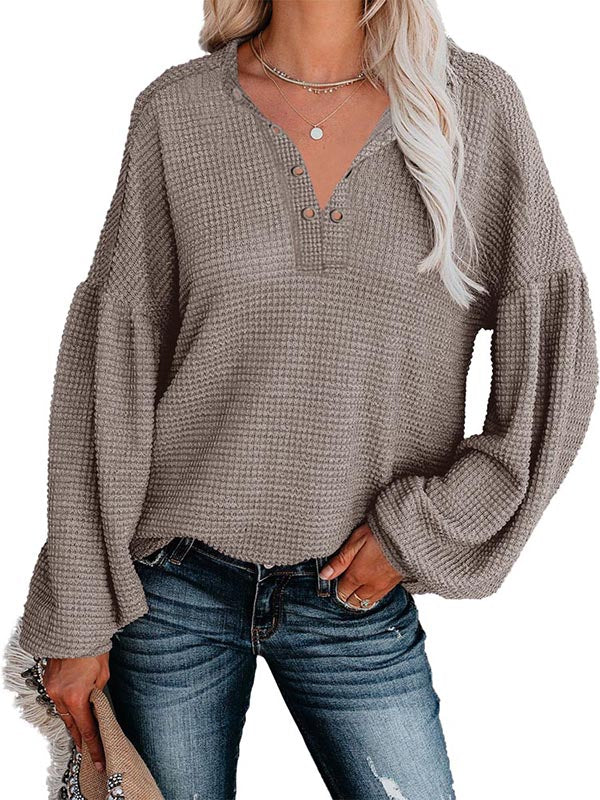 Women Waffle Knit Tops V Neck Long Sleeve Slouchy Loose Pullover Blouses