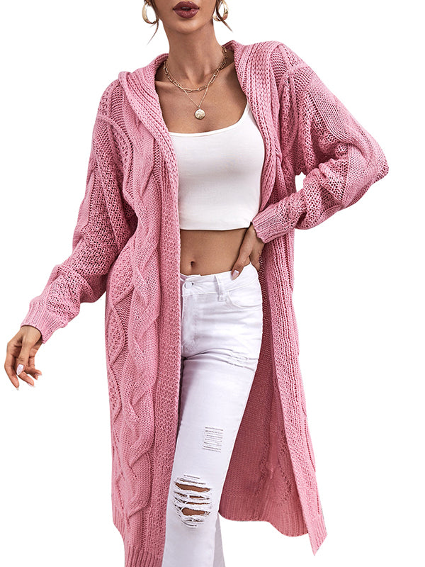 Womens Cable Knit Long Cardigans Knitted Hooded Outerwear Sweater Coat