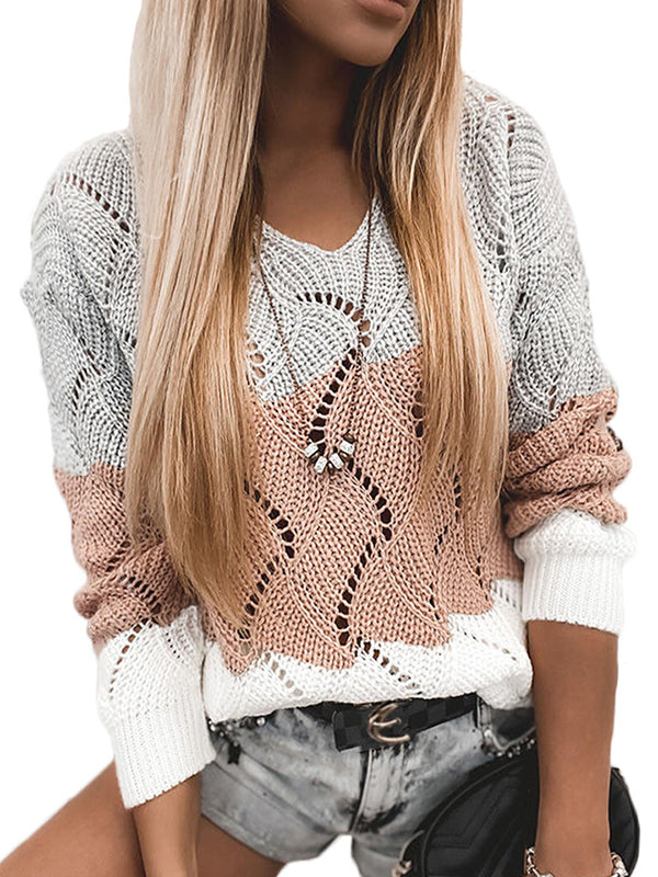Women V Neck Long Sleeve Hollow Out Knit Sweater Loose Pullover Jumper Tops