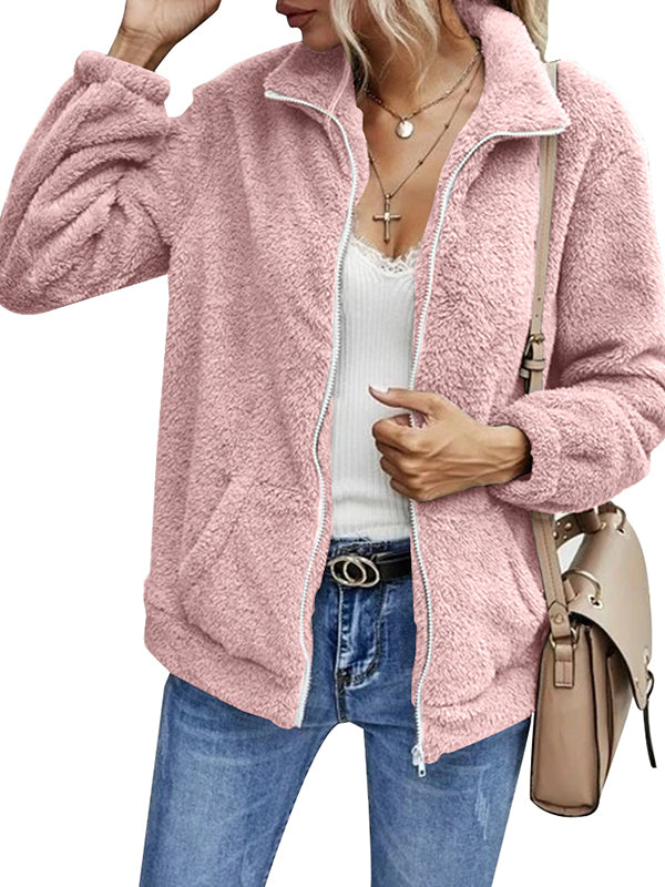 Women Collared Fuzzy Fleece Jacket Solid Full Zip up Winter Warm Fur Jacket Coat