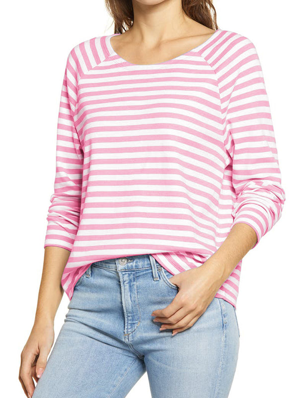 Women Striped Tee Shirt Long Sleeve Crewneck Loose Fit Pullover Tops