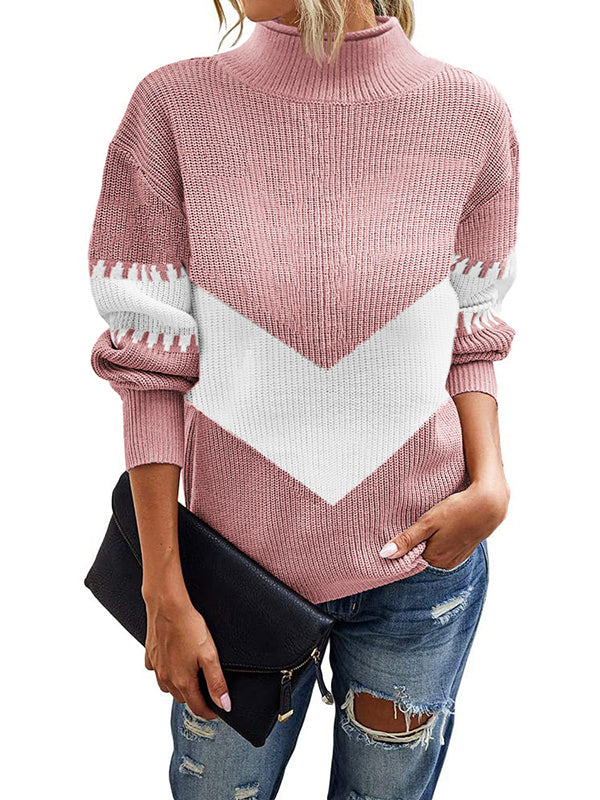 Women Color Block Sweater Turtleneck Pullover Long Sleeve Knitwear