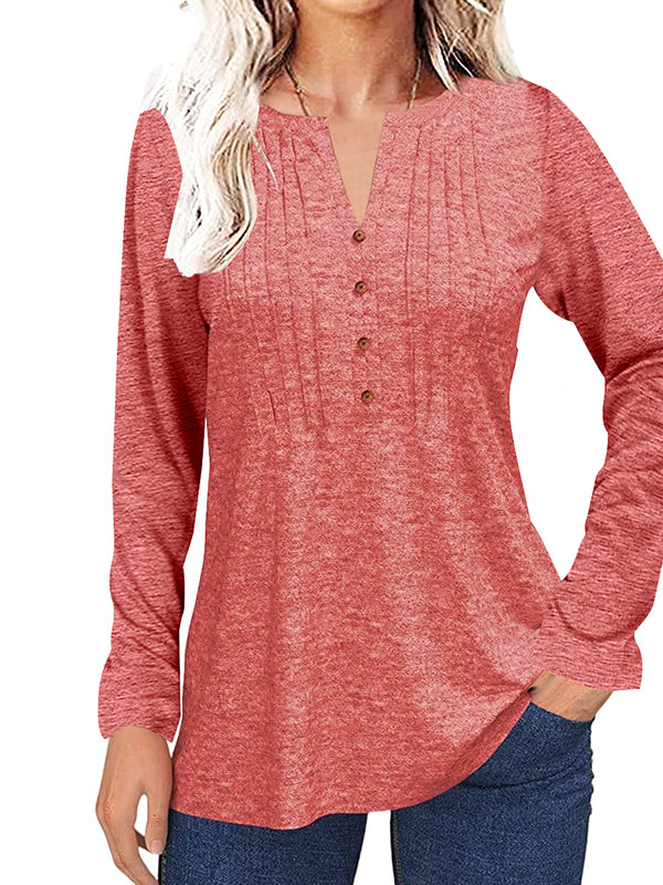 Women Long Sleeve Henley V Neck Pleated Tops Casual Flare Tunic Blouse Shirt