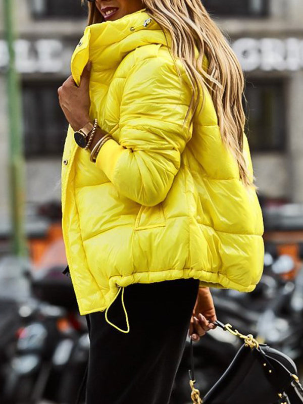 Women Winter Warm Long Sleeve Zip Up Drawstring Baggy Cropped Puffer Down Jacket Coat Outerwear