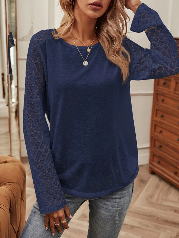 Women Lace Long Sleeve Crewneck Pullover Sweatshirts Loose Fit Tunic Tops