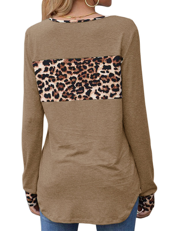 Women Leopard Long Sleeve Sequin Color Block Tunic Crewneck T Shirt Tops