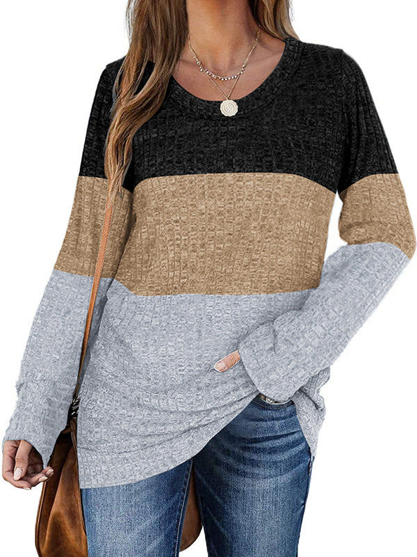 Women Color Block Tops Casual Long Sleeve Tunic Round Neck Pullover Shirts